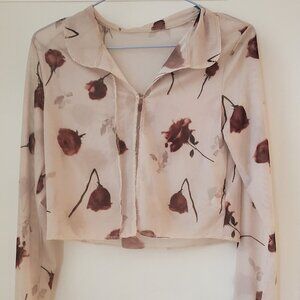 SHEIN 3/$25  Cream Rose Print Sheer Tie Front Long Sleeve Blouse Romantic Size L